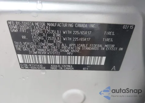 2015 Toyota Rav4 Xle from USA, damaged, VIN 2T3WFREV9FW170122